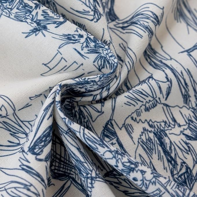 F-CHU Blue Victorian curtainsCurtains for Living Room 2 Panels Patterned Print Semi Blackout Farmhouse Modern Toile Pattern on Cream White Cotton Fabric Window Drapes for Bedroom 55" W x 90" L