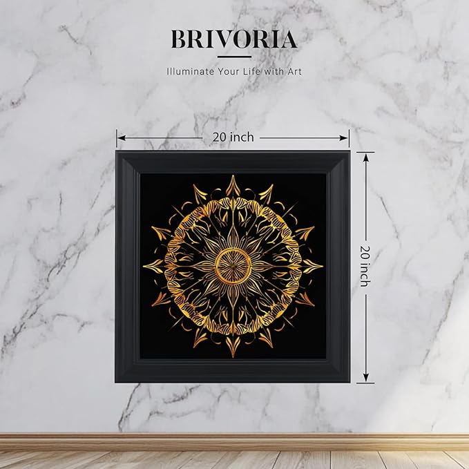 Brivoria Mandala Wall Art Home Decor, Large Radiant Golden Mandala with Layered Frame Design, Modern Spiritual Statement Wall Decor for Living Room Office Entryway or Meditation Space, 20x20