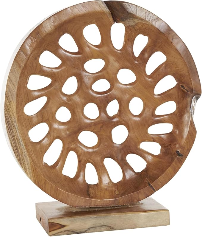 Deco 79 Teak Wood Abstract Handmade Decorative Sculpture Circular Cutout Home Decor Statue, Accent Figurine 20" x 6" x 21", Brown