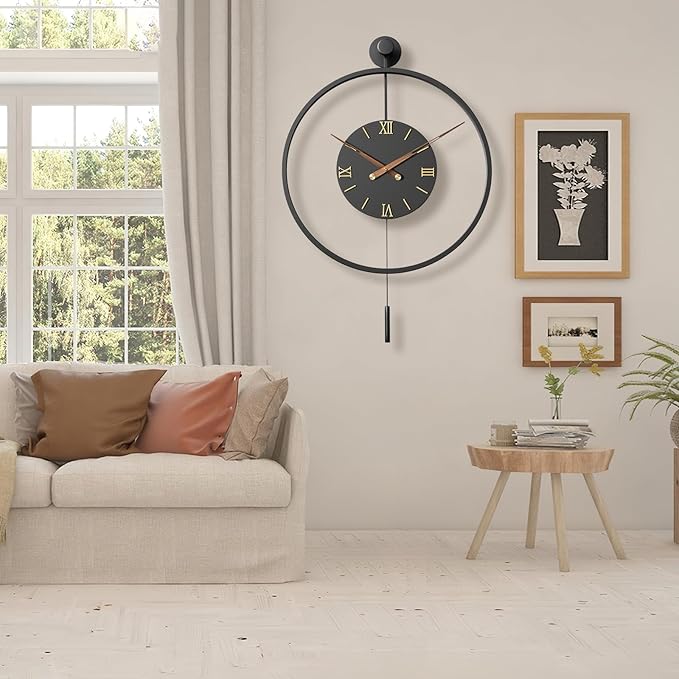 34.6×24 Inch Large Modern Decorative Oversized Pendulum Wall Clocks for Living Room,Big Minimalist Metal 3D Roman Numeral Dial,Classical Wall Clock With Walnut Pointers for Entryway,Dining Room Decor