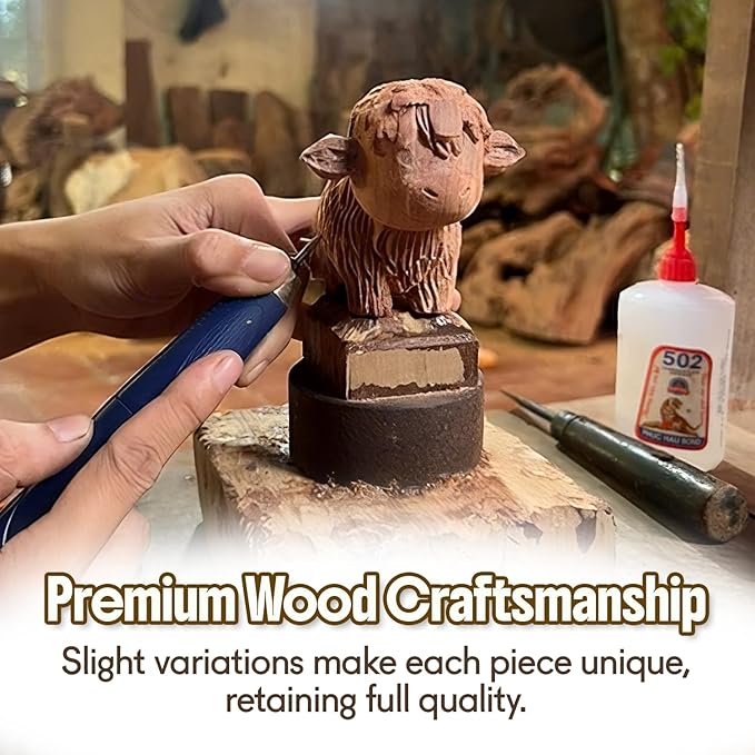 Hand Carved Wooden Highland Cow Figurine - Handmade Rustic Farmhouse Animal Decor, Solid Wood Miniature Sculpture, 3.5" Artisan Wooden Gift for Desk, Shelf, or Nursery