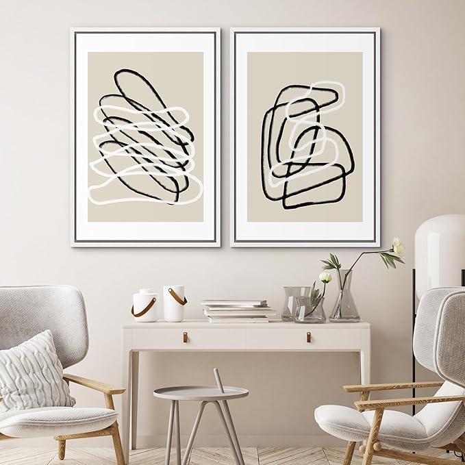 SIGNWIN Framed Wall Art Print Set Black and White Lines Tangled Tan Background Abstract Swirly Cozy Neutral Modern Art Mid-Century Modern Expressive for Living Room, Bedroom, Office - 16"x24"x2 White