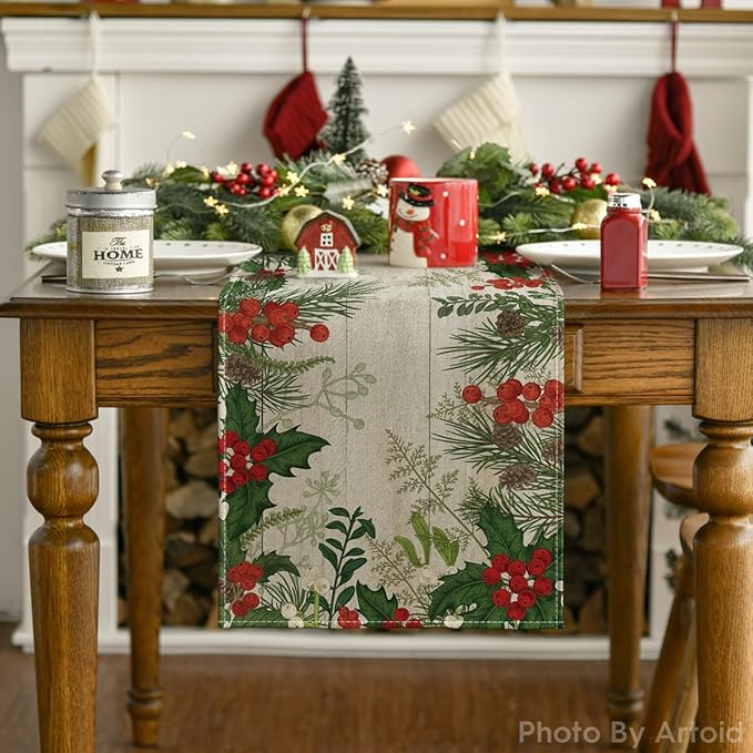 Artoid Mode Holly Fir Wood Pine Cone Leaves Christmas Table Runner, Seasonal Winter Holiday Kitchen Dining Table Decoration for Home Party Decor 13x120 Inch