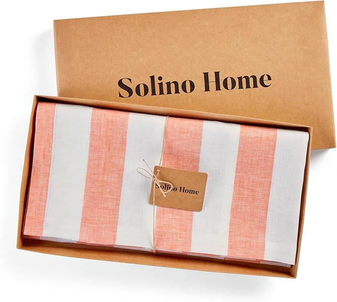 Solino Home Linen Tablecloth 52 x 52 Inch - Cabana Stripe, 100% Pure Linen Salmon and White Square Tablecloth - Machine Washable Table Throw