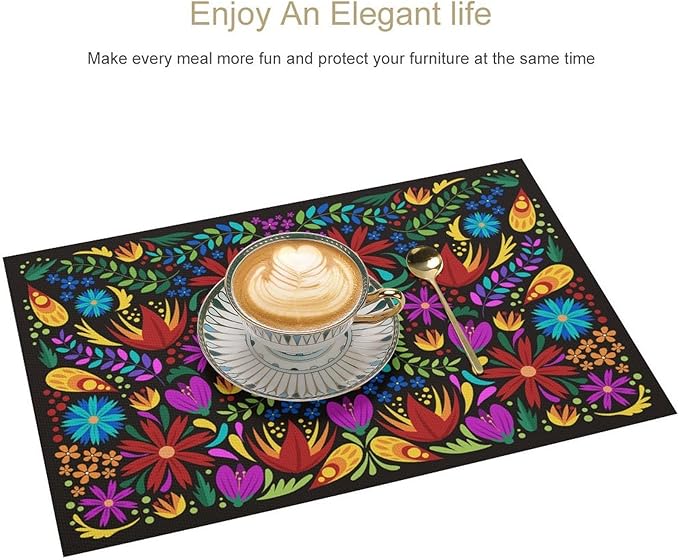 Mexican Floral Placemat Set of 4, 12x18 Inch Boho Colorful Mexico Fiesta Talavera Birds Cinco de Mayo Stripes Coffee Vintage Table Mats for Outdoor Kitchen Dining Table Decoration