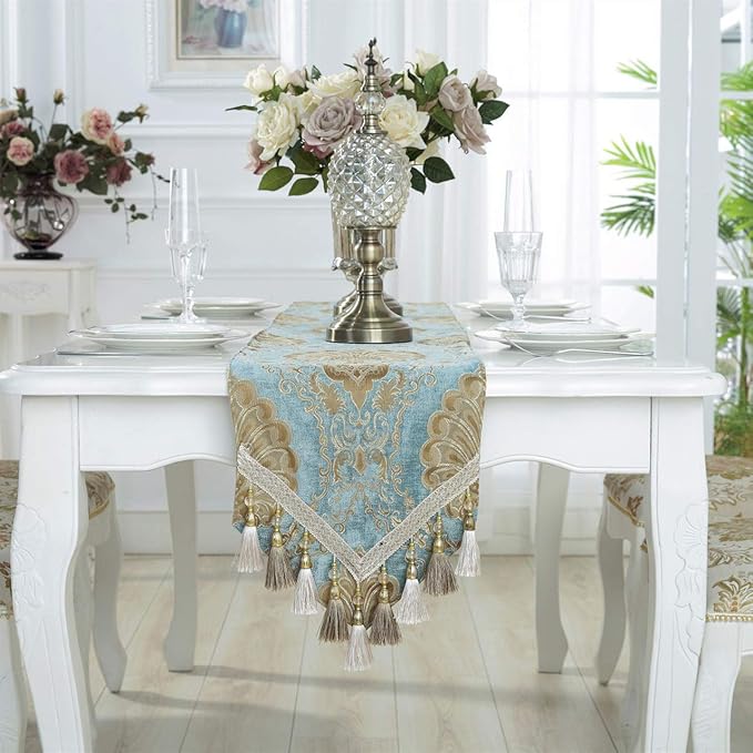 Embroidery Luxury Table Runner Jacquard Fabric Table Runner with Multi-Tassels for Dining Room Dresser Wedding Party Decorations, 13" x 98", Blue