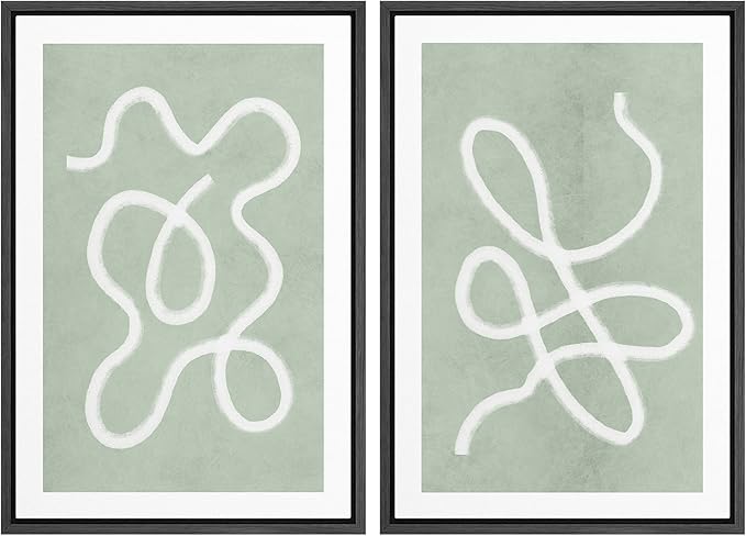 SIGNWIN Framed Wall Art Print Set White Line Over Contrasting Green Background Abstract Swirly Digital Art Modern Art Mid-Century Modern Expressive for Living Room, Bedroom, Office - 24"x36"x2 Black