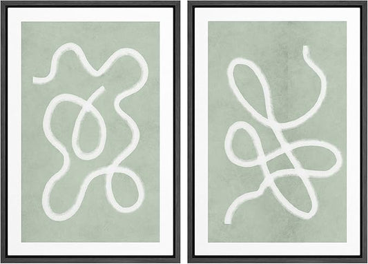 SIGNWIN Framed Wall Art Print Set White Line Over Contrasting Green Background Abstract Swirly Digital Art Modern Art Mid-Century Modern Expressive for Living Room, Bedroom, Office - 16"x24"x2 Black
