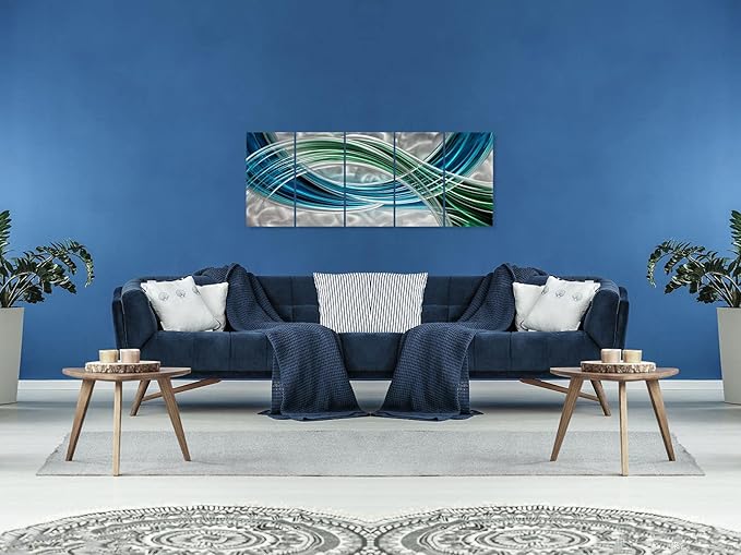 Yihui Arts Abstract Metal Wall Art - Hand Crafted 5 Pieces Panels Large Big Blue Teal Silver Unique 3D Aluminum Modern Contemporary Home Accent