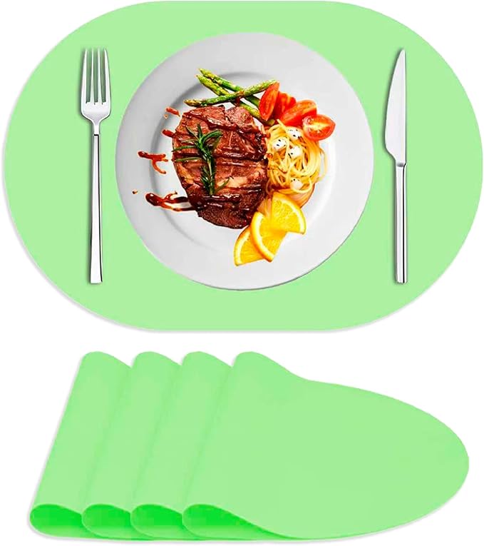 Oval Silicone Placemat Set of 4,Heat Resistant Placemats, Silicone Table Mats,Non-Slip Dining Mat for Home,Waterproof Easy Clean Kids Placemats,17"x12" LSR Translucent (4Pcs, Green)