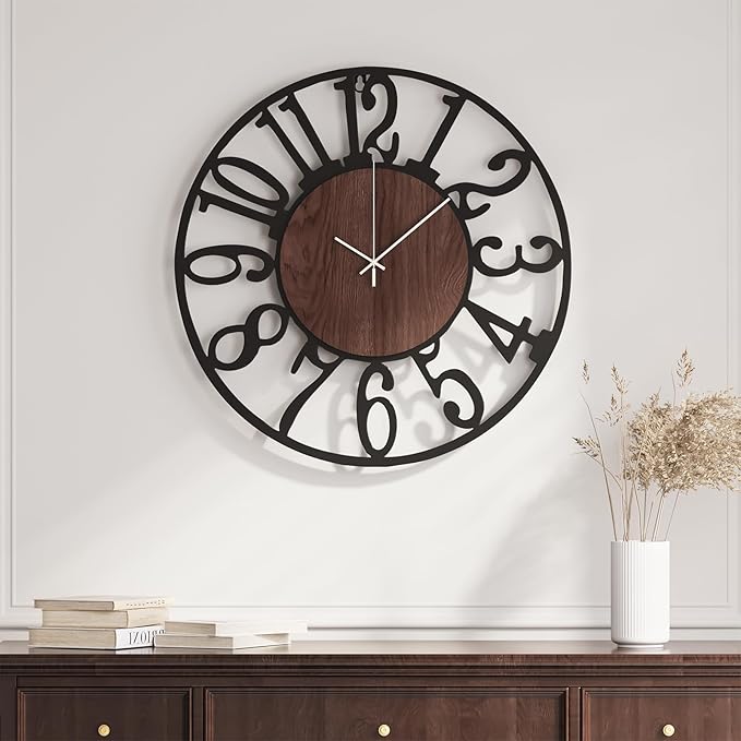 Modern Wall Clock Battery Operated, 16 inch Round Big Wood Decorative Metal Wall Clocks for Living Room, Non Ticking Silent Black Clock, Bedroom, Kitchen, Office Decor-Arabic Numerals