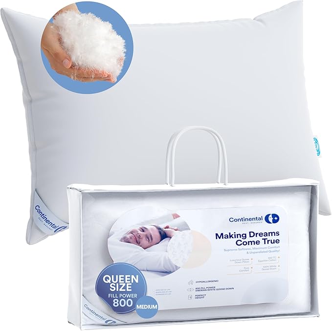 100% Siberian Goose Down Pillow - Medium Support Queen Size, Pack of 1 - Soft and Luxurious Siberian Down Pillow for Side Sleepers, 800 FP, Fine Cotton Shell - Soft with High Loft