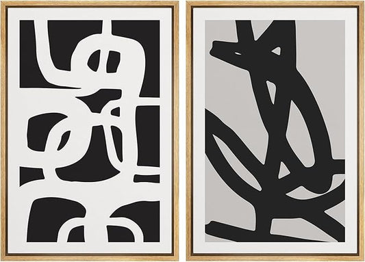 SIGNWIN Framed Canvas Print Wall Art Set Black White Geometric Dark Ring Collage Abstract Shapes Illustrations Modern Art Minimal Boho Relax/Calm for Living Room, Bedroom, Office - 16"x24"x2 Natural