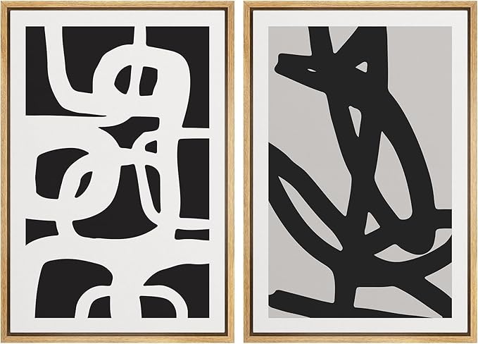 SIGNWIN Framed Canvas Print Wall Art Set Black White Geometric Dark Ring Collage Abstract Shapes Illustrations Modern Art Minimal Boho Relax/Calm for Living Room, Bedroom, Office - 24"x36"x2 Natural