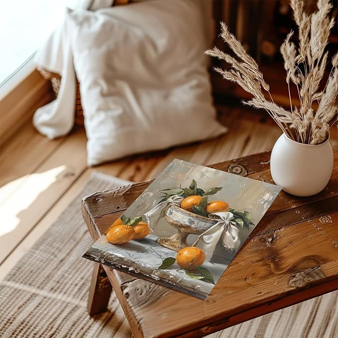 XOCUUI Farmhouse Still Life Picture Living Room - Rustic Vintage Decor for Bedroom - Tangerine Orange Fruit Moody Muted Oil Painting Art Deco Wall Art for Kitchen - 8x10inch Unframed