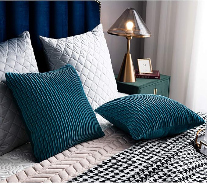 Turquoise Throw Pillow Cases 18x18: 2 Pack Inch Original Striped Velvet Square Decorative Pillow Covers for Farmhouse Couch