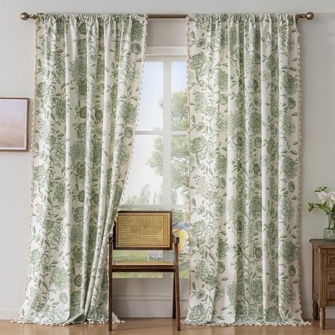 F-CHU Sage Green Floral Curtains Living Room Drapes 84 Inch Length Cotton Linen Boho Window Curtain with Tassel Rod Pocket Bedroom Macrame Drapes Flower Curtains, 2 Panel Sage Green