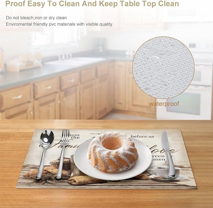 Coffee Placemat Set of 4, 12x18 Inch Rustic Bless The Food Before Us Bread Coffee Theme Farmhouse Washable Heat Resistant Table Mats for Outdoor Farmhouse Kitchen Dining Decor