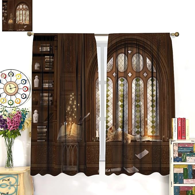 Gothic Medieval Library Blackout Curtains, Mid Century Study Cat Print Pattern Window Drapes, for Living Room Bedroom 36(W)*63(L) 2 Panels