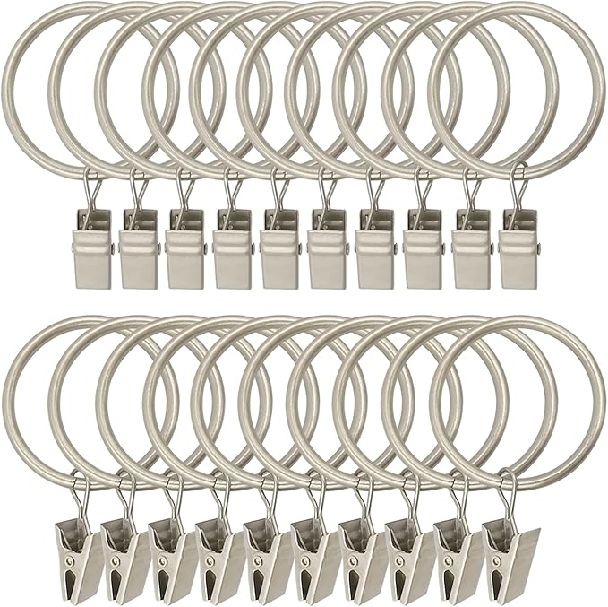 20 Pack Metal Curtain Rings with Clips, Curtain Clip Rings Hooks for Hanging Drapery Drapes Bows, Curtain Rod Rings 1.5 inch Interior Diameter, Matte Silver