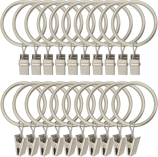 20 Pack Metal Curtain Rings with Clips, Curtain Clip Rings Hooks for Hanging Drapery Drapes Bows, Curtain Rod Rings 1.5 inch Interior Diameter, Matte Silver