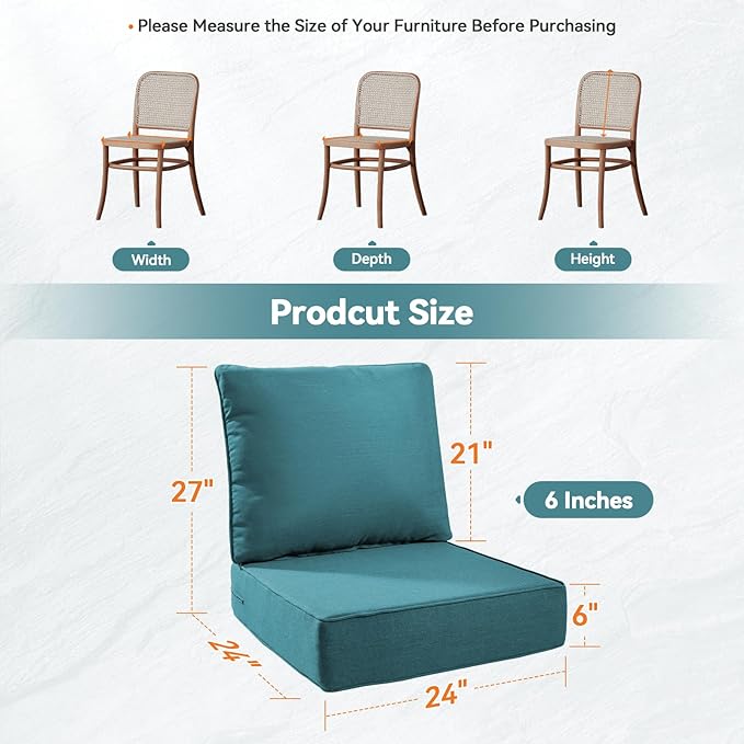 6" Thick Outdoor Cushions 24x24x6, 4-Set Deep Seat Patio Cushions with Removable Cover, Waterproof & Fade Resistant Replacement for Wicker Chair, Loveseat, Sofa - Peacock Green