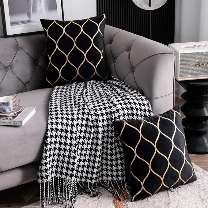 20x20 Inch Gold Velvet Throw Pillow Covers: 2 Pack Square Decorative Pillow Cases for Bedroom Sofa Couch Living Room, Black