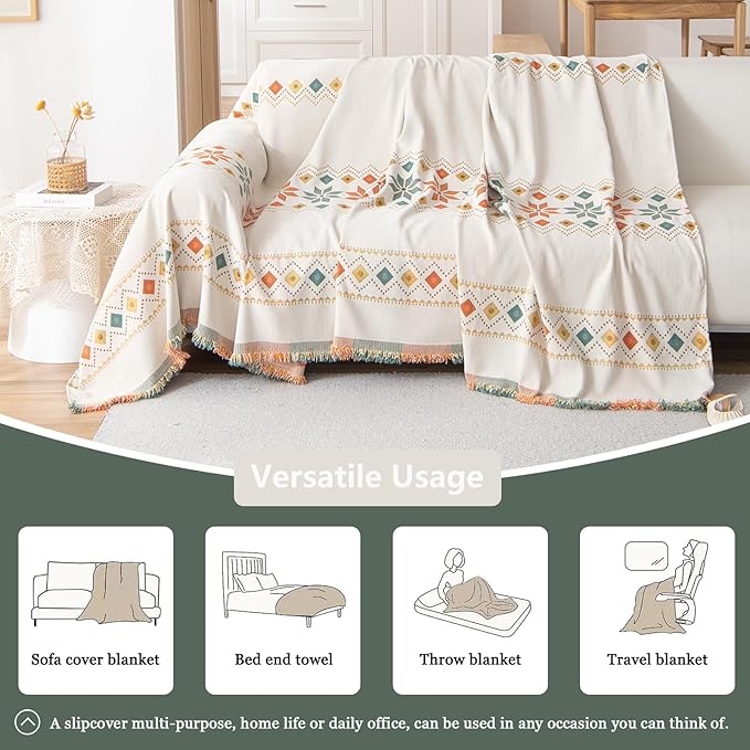 DREAMINGO Beige Chenille Couch Cover Boho Geometric Jacquard for 3 Cushion Sofa Anti Slip Sectional L Shape Slipcover for Dogs Washable, 71"x134"