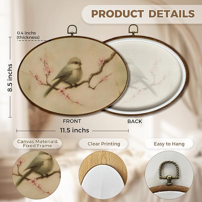 JQF Vintage Bird Oval Wall Decor, Rustic Farmhouse Bird Oval Canvas Wall Art, Neutral Cottagecore Botanical Framed Prints Hanging Decor for Home Bedroom Living Room, 11.5x8.5 Inch