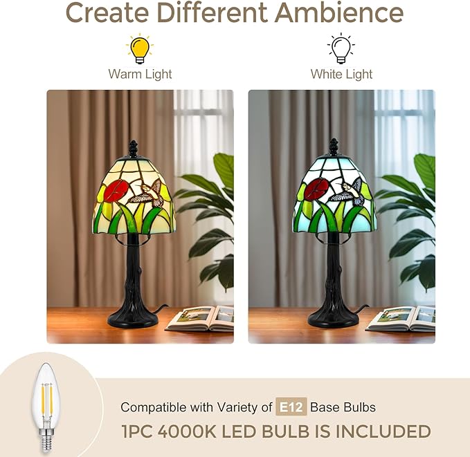 Tiffany Style Table Lamp - 6 Inch Stained Glass Table Lamps with Hummingbird & Flower, Vintage Tiffany Style Bedside Lamp, Small Desk Light with LED Bulb for Home Decor Ideal Gifts for Family Friends