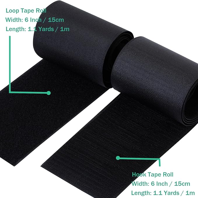 6 Inch Sew on Hook and Loop Strips | Easy to Sew | Excellent Grip | Non-Adhesive Back Nylon Fabric Fastener Strips for Clothing Sewing Crafts and DIY Projects, Black, 6in x 1.1yd