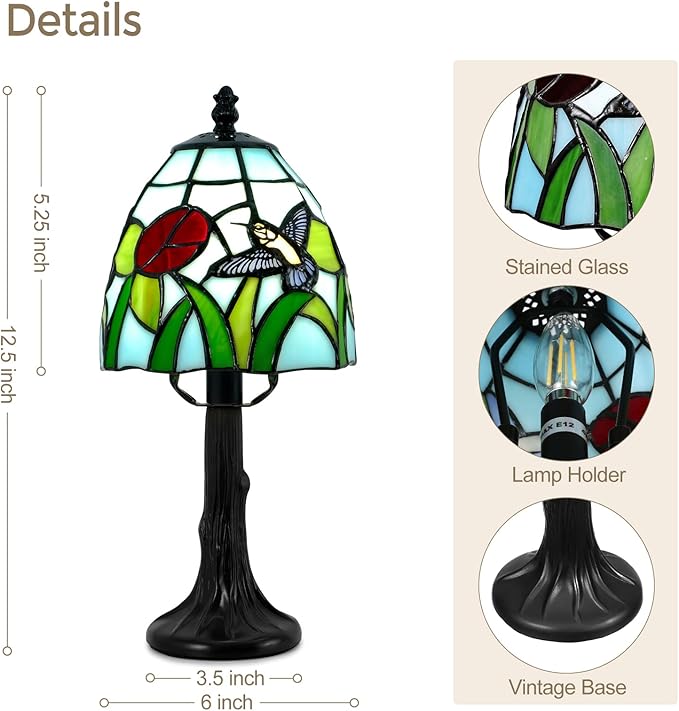 Tiffany Style Table Lamp - 6 Inch Stained Glass Table Lamps with Hummingbird & Flower, Vintage Tiffany Style Bedside Lamp, Small Desk Light with LED Bulb for Home Decor Ideal Gifts for Family Friends