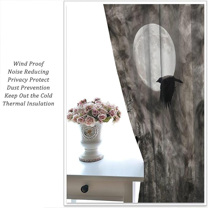 Gothic Crow Blackout Window Curtains, Gothic Style Dark Sky Full Moon Raven Halloween Pattern Window Drapes, for Home Bedroom Living Room 27.5(W)*63(L) 2 Panels