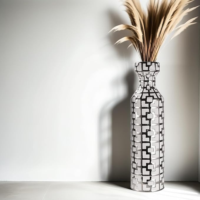 24.4 Inch Tall Floor Vase - Ceramics Black Ceramic with Silver Geometric Patterns, Large Cylinder Vases, Modern Home Decor for Living Room, Entryway, or Indoor Spaces