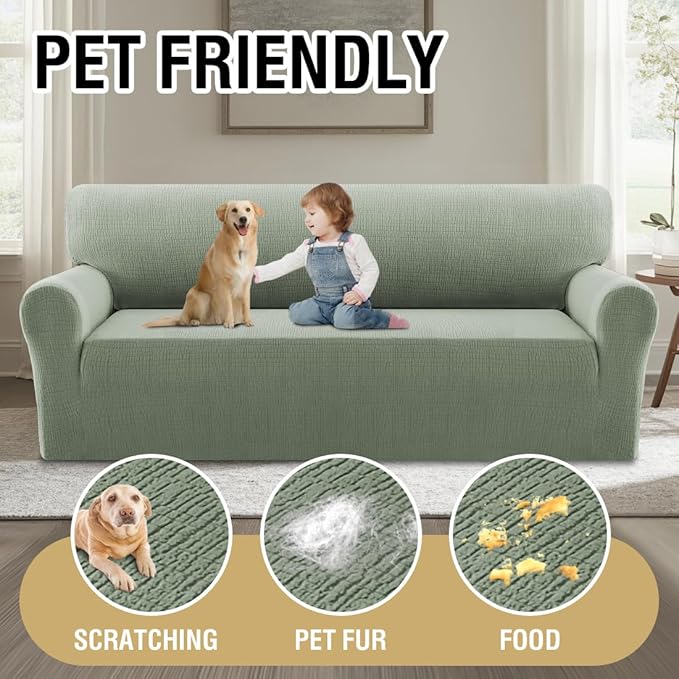 H.VERSAILTEX Jacquard Sofa Slipcover with Waterproof Seat Furniture Protector 1 Piece Stretch Sofa Covers with Elastic Bottom for Kids, Pets, Dog(Sofa, Sea Grass)