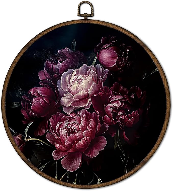 cvjutf Vintage Moody Peony Floral Wall Art Decor Framed, Peony Flower Botanical Round Wall Decor, Dark Cottage Core Floral Canvas Prints Art for Bathroom Bedroom Gallery Living Room, 10x10 Inch