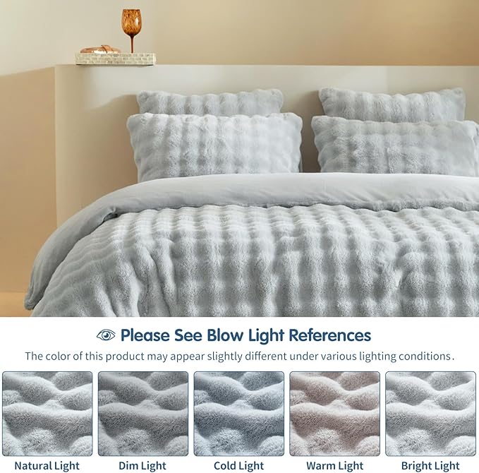 Tokokimo Grey Fluffy Duvet Cover King Size, Ultra Soft & Warm Faux Fur Duvet Cover Set, 3 Pcs Flannel Fuzzy Comforter Cover Grey Bedding Set (1 Duvet Cover & 2 Pillowcases)