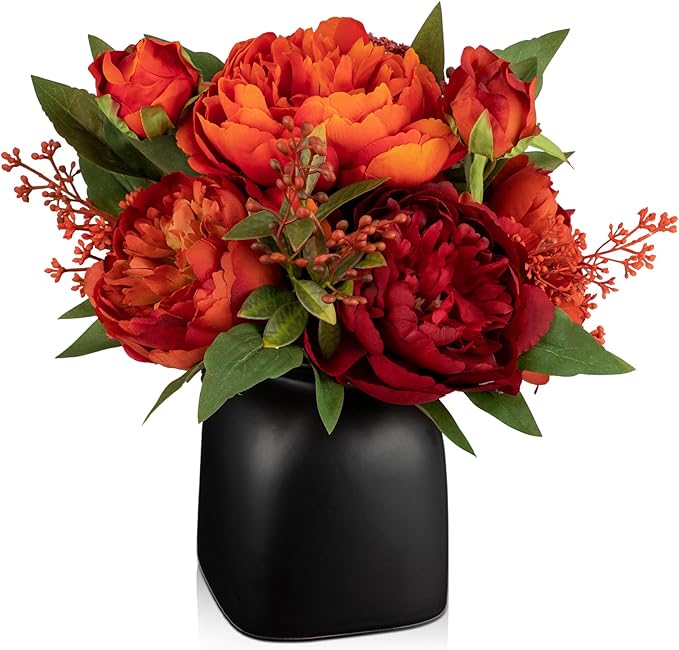 Fall Flowers in Vase Fall Table Centerpiece Faux Floral Arrangements Centerpiece Autumn Artificial Flowers with Vase Fall Flower Centerpieces for Tables Orange Silk Flowers Arrangement in Vase
