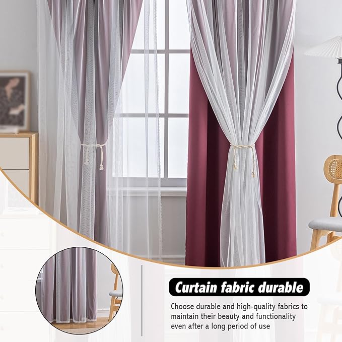 Anytime Home Curtains Blackout and Sheer Layered Solid Window Curtain Panel Pair with Grommet Top, 52Wx84L,Wine Red