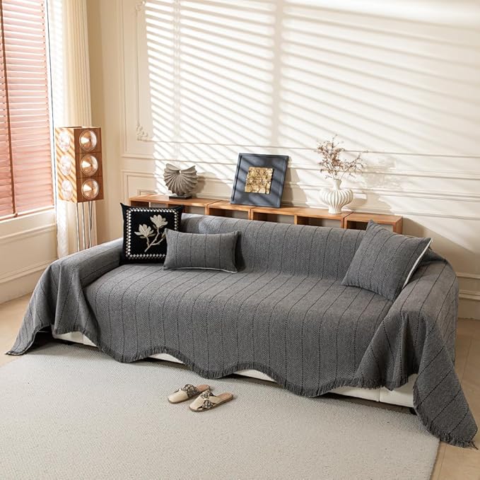 ROOMLIFE Gray Couch Cover Boho Sofa Covers for 3 Cushion Couch Washable, Furniture Protector Sofa Couch Cover for Dogs, Soft Chenille Sofa Slipcover, Couch Throw Blankets with Tassels 71 '' X 150''