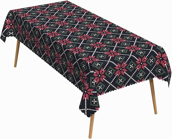 60x102 Inch Xmas Theme Rectangle Tablecloth Rhombus Geometric Flower Table Cloth Washable Durable Table Cover for Kitchen Dining Banquet Ugly Christmas Sweater Party Decor