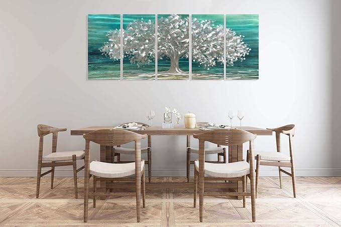 RICHSPACE ARTS Metal Tree Wall Art over Sofa or Bed Large Size Aluminum Artwork Spring Pictures Teal and Gray Decor Contemporary Living Room Bedroom Artwork Set of 5 panels for Walls