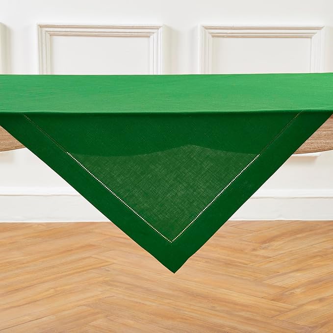 Solino Home Linen Tablecloth 52 x 52 Inch - 100% Pure Linen Garden Green Square Tablecloth - Classic Hemstitch, Machine Washable Table Throw for Christmas, Winter