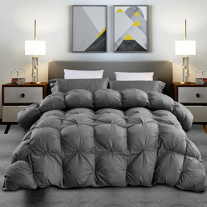Luxurious Twin/Twin XL Goose Down Comforter, Unique Gray Pinch Pleat, 600 Thread Count, 100% Egyptian Cotton Cover, 65 Oz Fill Weight, 750 Fill Power