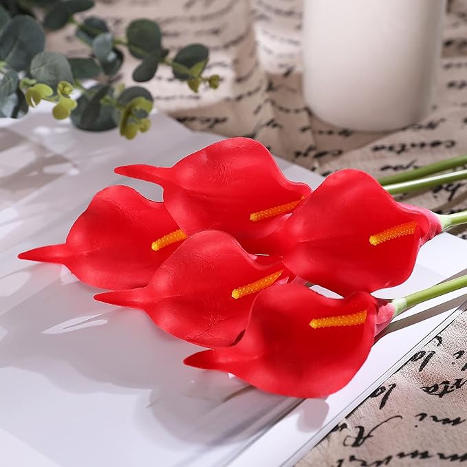 Duovlo 20pcs Calla Lily Bridal Wedding Bouquet Lataex Real Touch Artificial Flower Home Party Decor (Red)