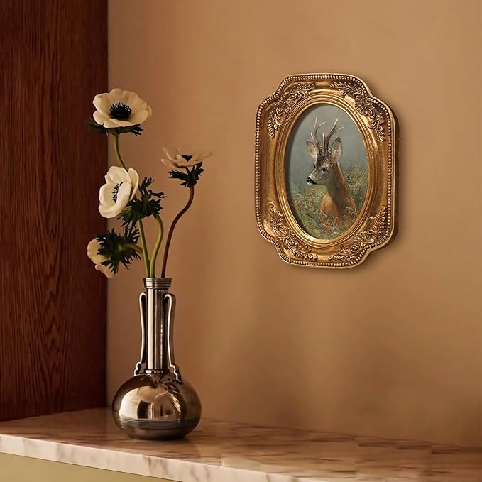 FOLKOR Vintage Wall Art Decor with Gold Picture Frame, Adorable Animal Canvas Prints for Desk Wall Floating Shelf Decoration, Retro Paintings with Gold Frame for Farmhouse Mid-century Room, 4x6