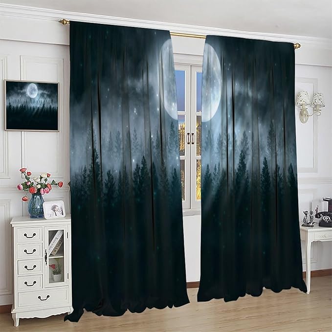Gothic Forest Moon Blackout Curtains, Black Tree Foggy Moon Star Halloween Nature Starry Horror Window Drapes, for Living Room Bedroom 42(W)*84(L) 2 Panels