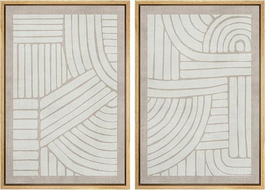 SIGNWIN Framed Canvas Print Wall Art Set Grunge Tribal Pattern Landscape Abstract Shapes Cozy Neutral Minimal Decorative Nordic Zen Bohemian for Living Room, Bedroom, Office - 24"x36"x2 Natural