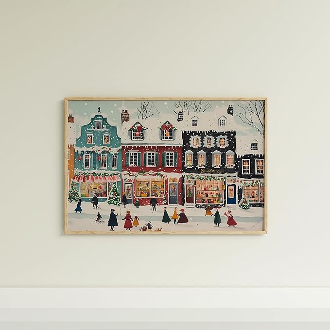 OZCONO Retro Snowy Town Christmas Art, Winter Farmhouse Holiday Decor, Vintage Village Seasonal Accent, Xmas Print, Cozy December Scene for Festive Home Styling (Unframed) (20x30)