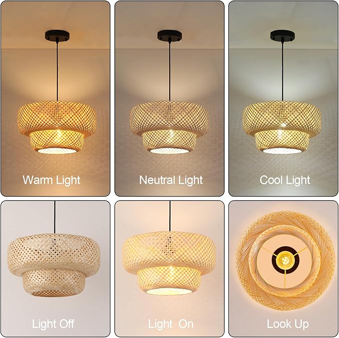 Bamboo Pendant Lights 13.8IN Farmhouse Chandelier Hand-Woven Natural Ceiling Hanging Lamp for Kitchen Island Living Room Bedroom Restaurant Dining Room